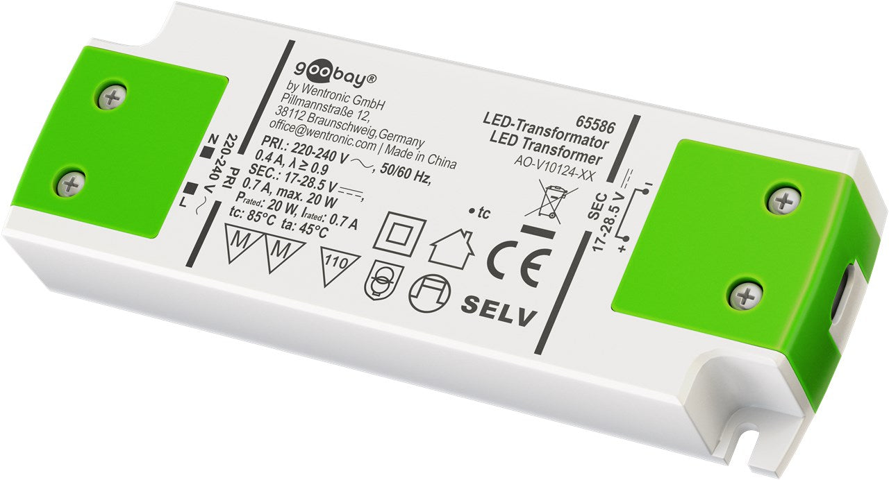 Trasformatore corrente costante LED 700 mA/20 W per LED con 700 mA di corrente costante fino a 20 W di carico totale nell'intervallo di tensione 17-285 V DC Trasformatore corrente costante LED 700 mA/20 W per LED con 700 mA di corrente costante fino a 20 W di carico totale nell'intervallo di tensione 17-285 V DC